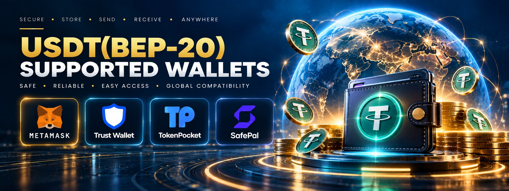 USDT (BEP-20) supported wallets: MetaMask, Trust Wallet, TokenPocket and SafePal. Secure, store, send and receive anywhere.